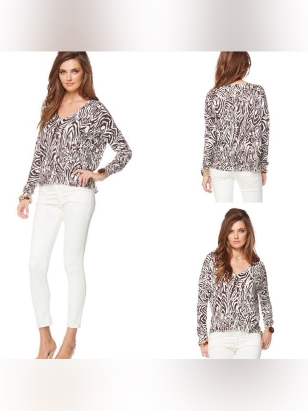 Lilly Pulitzer Brown & Cream Eleni Zebra Print Long Sleeve Sweater w Pockets, XS